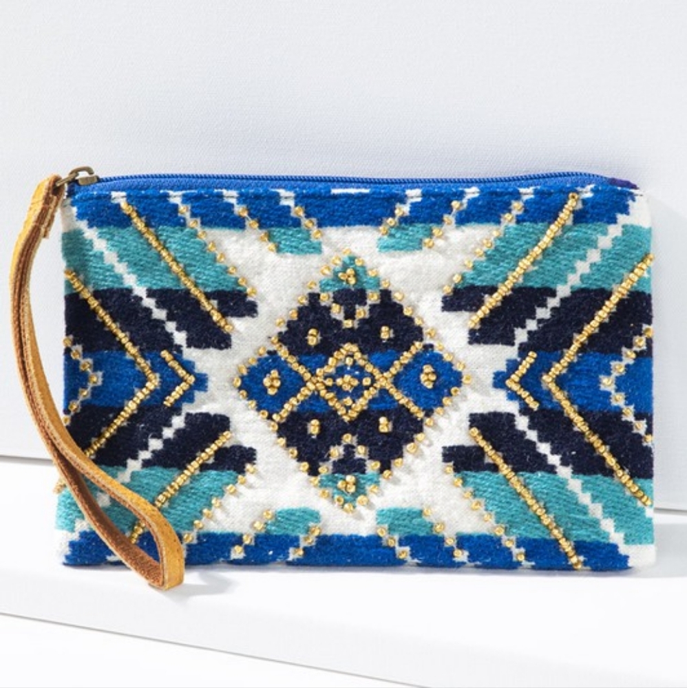 Handmade Hand Beaded Wristlet Clutch - Ethnic Inspired Design - Dyed Fine Cotton - Picture 3 of 7